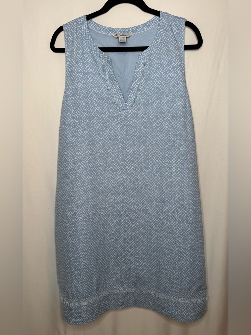 Tommy Bahama 100% Linen Shift Dress XL Blue White Print Pockets Fringe Trim - Picture 2 of 8